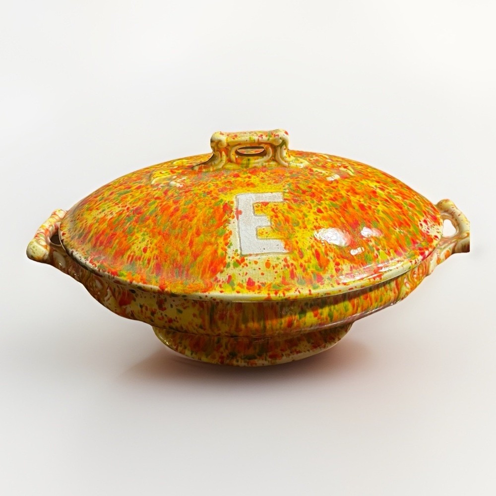 Vintage Mid-Century Spatterware Covered Tureen - Orange Green Yellow - Initial E